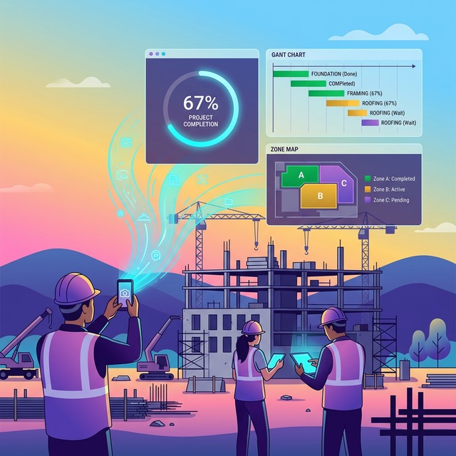 Construction workers capturing site photos and progress updates on phones, with data streams flowing into real-time progress dashboards showing percentage completion and schedule tracking