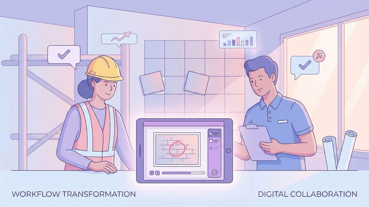 Construction site illustration showing the cascade effect of a defect: small crack detected late leading to structural rework, schedule delay, and cost overrun visualised as a branching flow