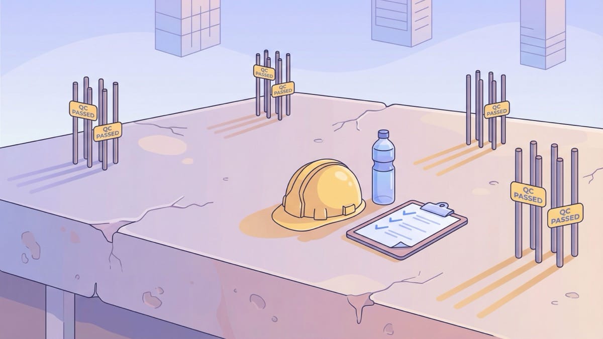 Construction site with workers collaborating around a tablet showing quality metrics, while transparent dashboards in the background display defect heatmaps and quality trends by zone