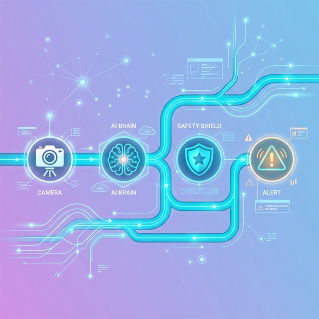 AI vision pipeline showing camera to AI model to safety flag to supervisor alert