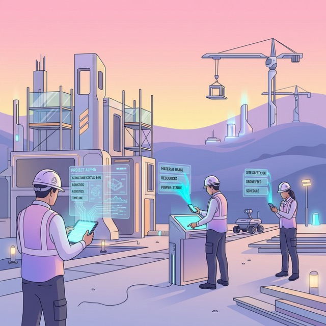 Construction workers using phones to report safety issues with AI processing data into structured compliance reports