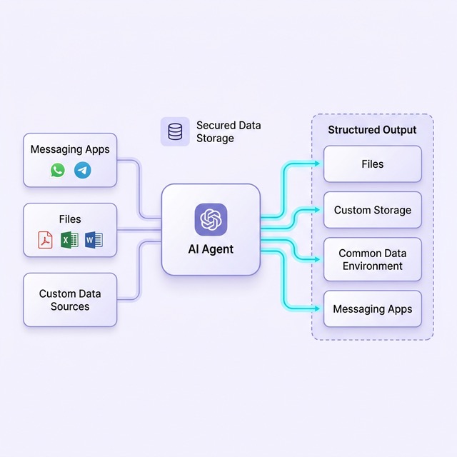 Architecture diagram showing unstructured inputs from messaging apps, files, and data sources flowing through Wenti Labs AI Agent into structured outputs including files, storage, CDE, and messaging apps