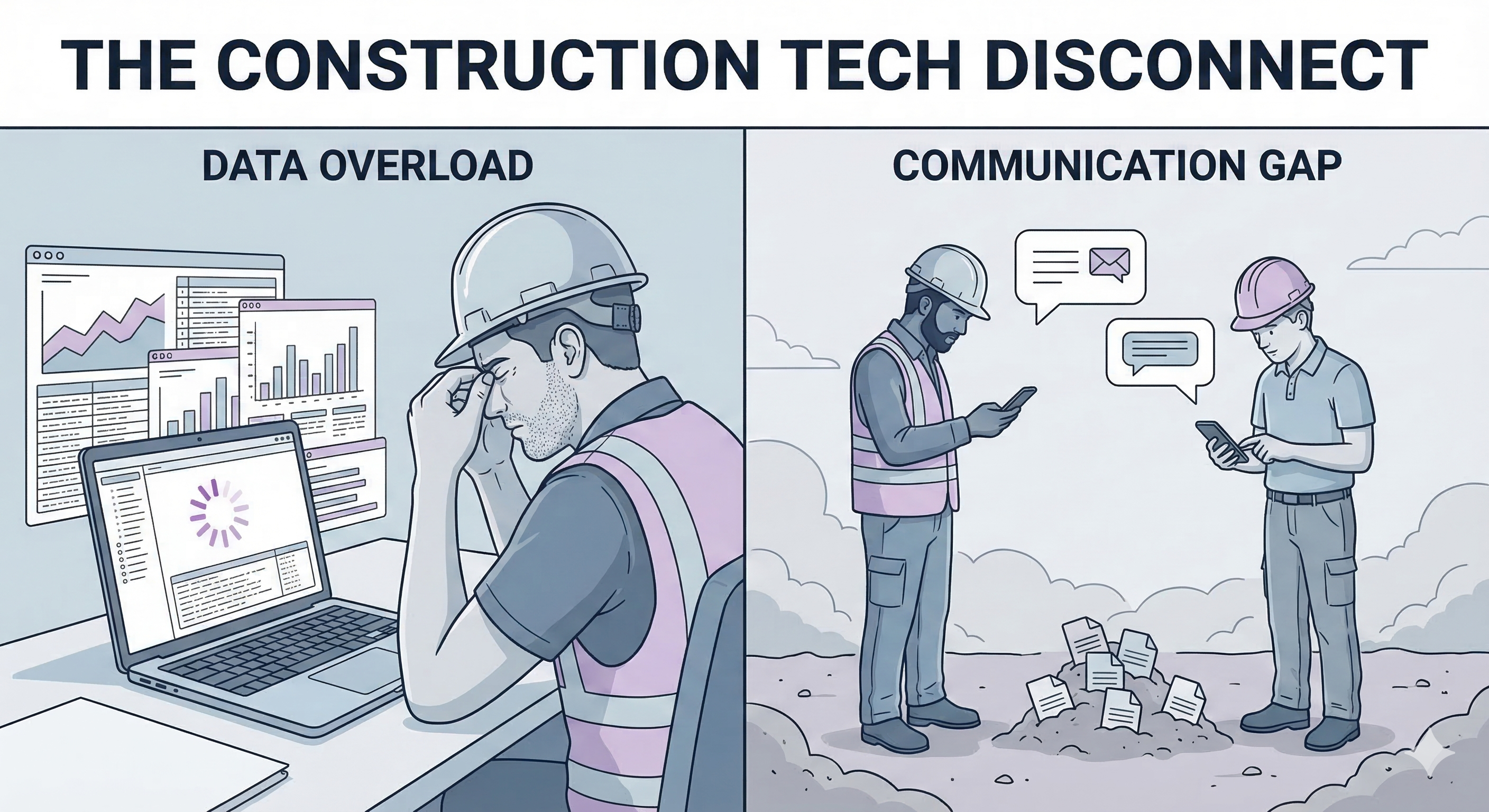 Construction site data overload versus communication gap illustration