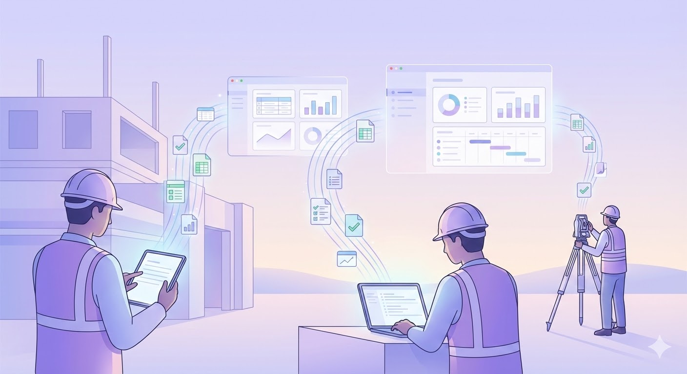 Construction workers on site using mobile devices with structured data flowing to dashboards and reports